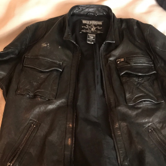 true religion black leather jacket